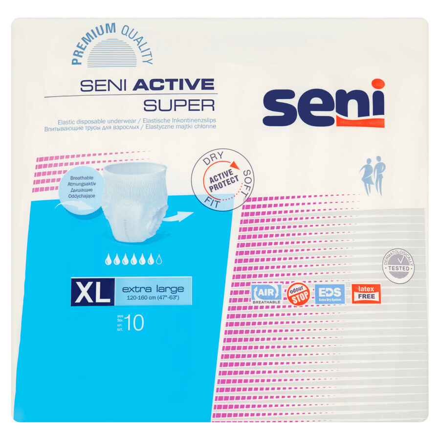Seni Active Super XL - Inkontinenzhosen, 10er Pack - Diskrete und effektive Lösung für Inkontinenzprobleme, saugstark und bequem. Perfekt für Aktive aller Altersgruppen.
