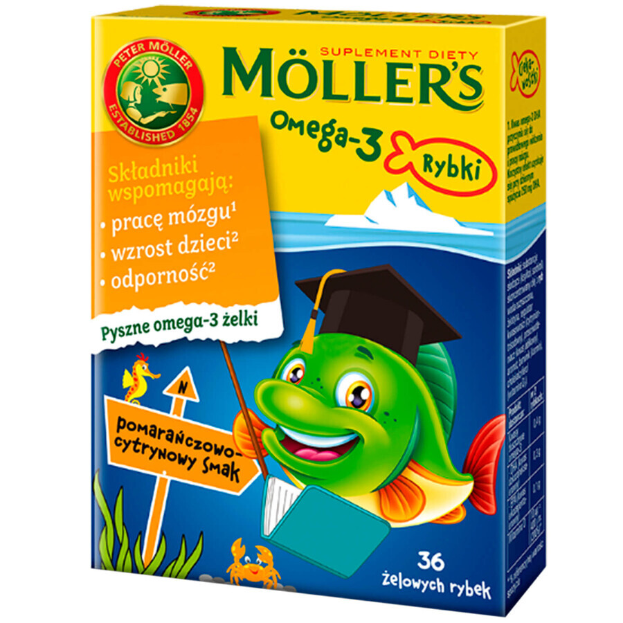 Moller's Omega-3 Fish, bomboane de jeleu, aromă de portocale și lămâie, 36 de bucăți