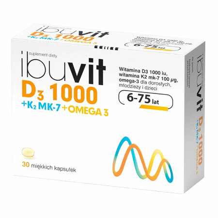 Ibuvit D3 1000 + K2 MK-7 Omega 3, pour enfants de plus de 6 ans, adolescents et adultes, 30 gélules