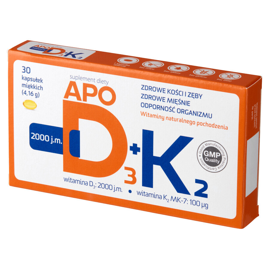 ApoD3+K2 Ergänzungsmittel, 30 Kapseln. Vitamin D3  amp; K2 für gesunde Knochen und Immunsystem. Hochwertige Formel.