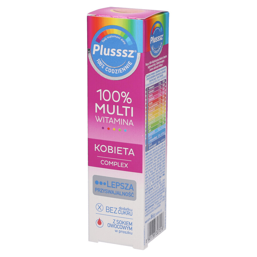 Plusssz 100% Complex Multivitaminic Kobieta, aromă de zmeură și portocală, 20 comprimate efervescente