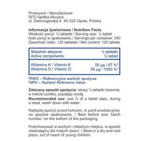SFD D3 4000 IE + K2, Vitamin D 4000 IE + Vitamin K 100 µg, 120 Tabletten