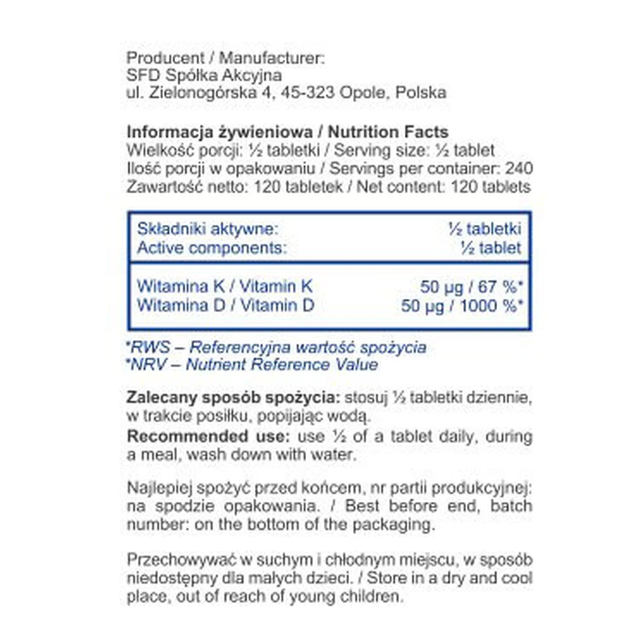 SFD D3 4000 IE + K2, Vitamin D 4000 IE + Vitamin K 100 µg, 120 Tabletten
