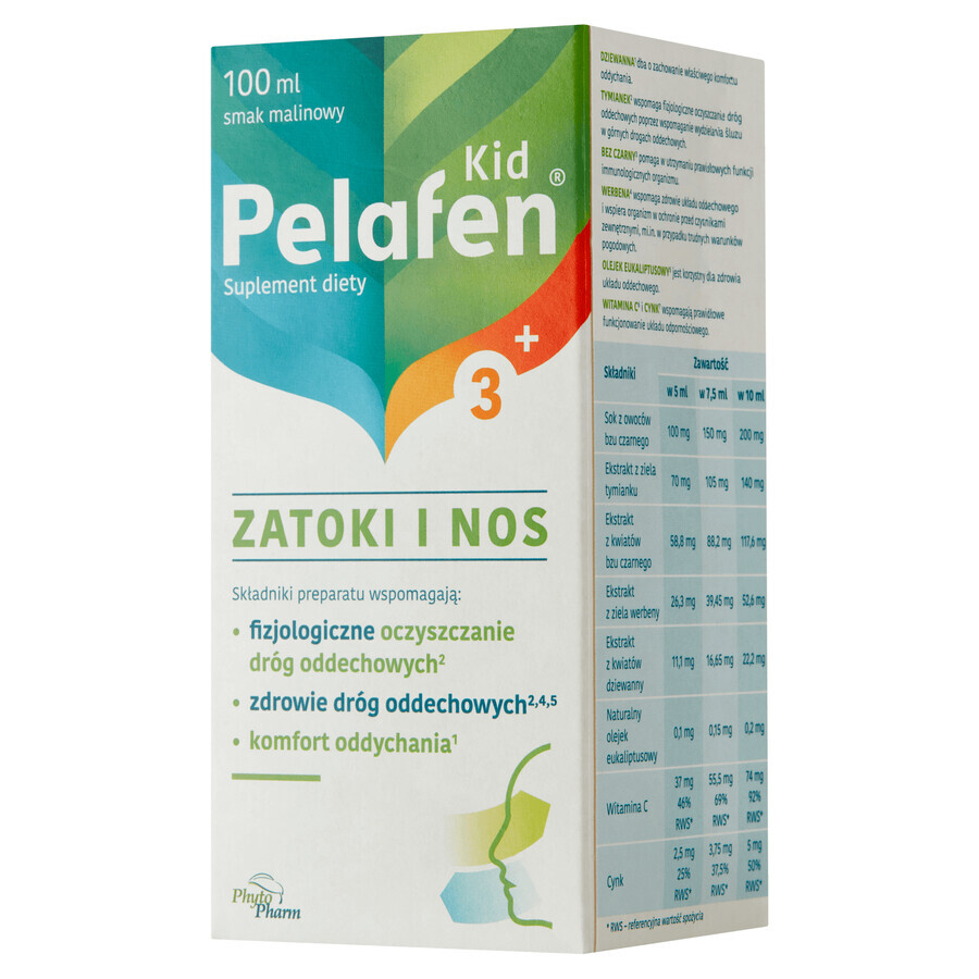 Pelafen Kid 3+ Sinusuri și nas, sirop pentru copii cu vârsta peste 3 ani și adulți, aromă de zmeură, 100 ml