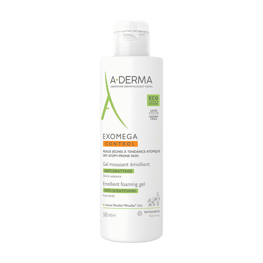 A-Derma Exomega Control, gel de duș și de baie emolient și spumant, piele predispusă la atopie, de la naștere, 500 ml