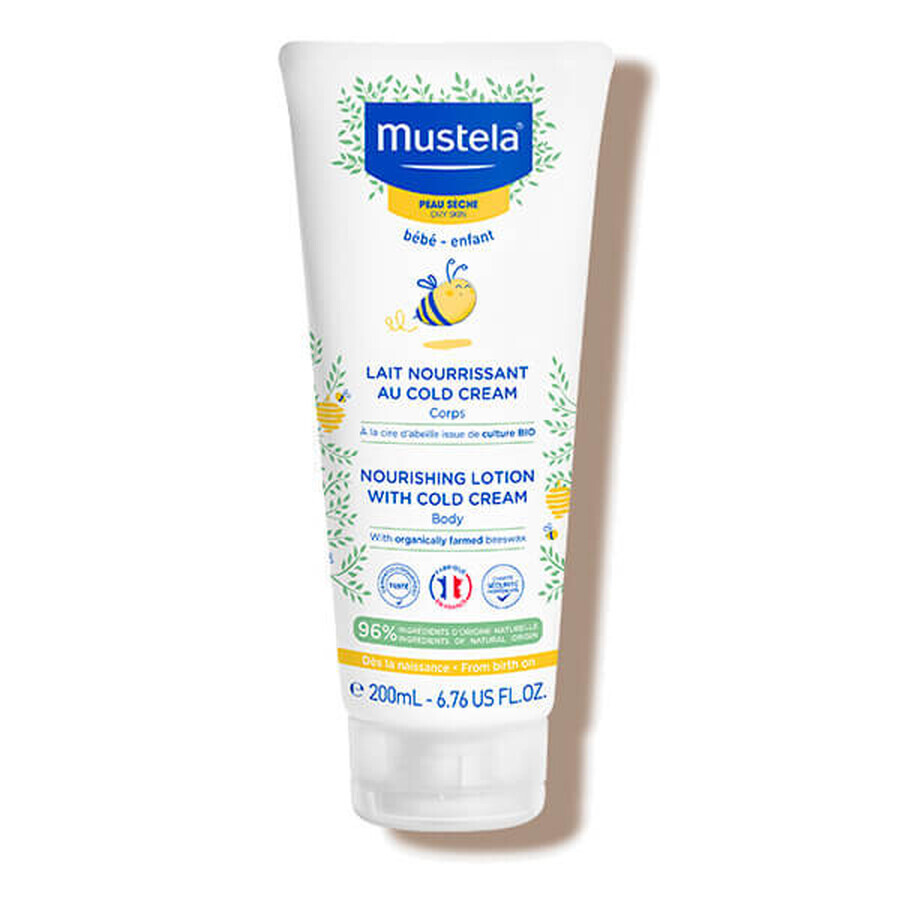 Mustela Bebe Enfant, lapte de corp hrănitor, cu Cold Cream și ceară de albine bio, de la naștere, piele uscată, 200 ml