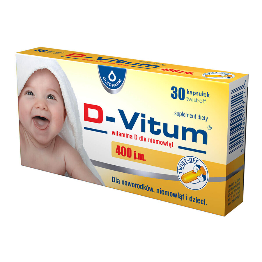 D-Vitum 400 UI, vitamina D pentru nou-născuți, sugari și copii, 30 de capsule cu sistem de răsucire
