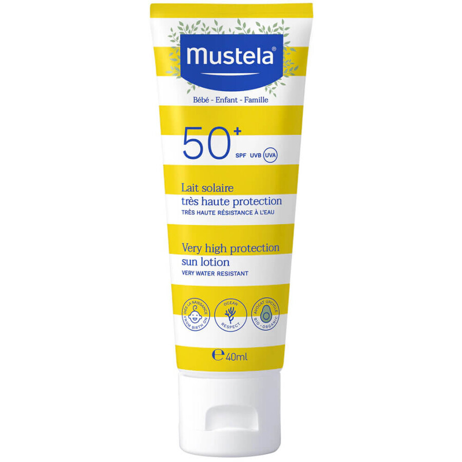 Mustela Sun Bebe Enfant-Famille, Sonnenschutzmilch für Gesicht und Körper, SPF 50+, 40 ml