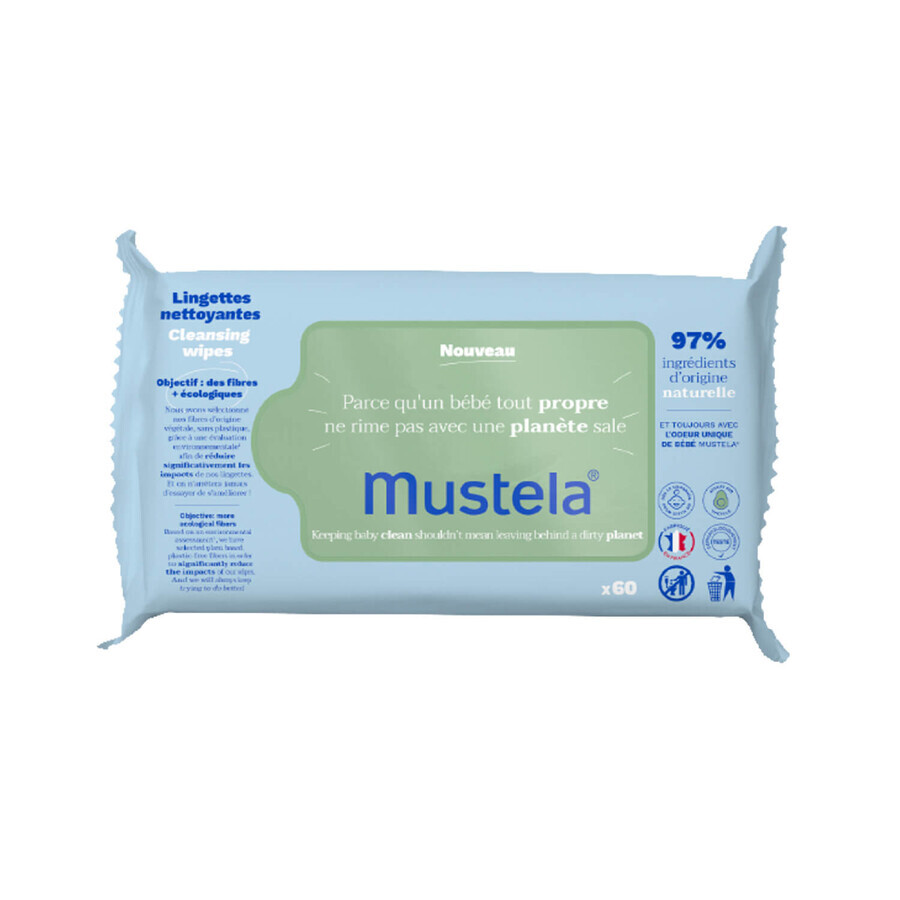 Mustela Bebe Enfant, toallitas húmedas, limpiadoras, con aguacate bio, desde el nacimiento, piel normal, 60 unidades