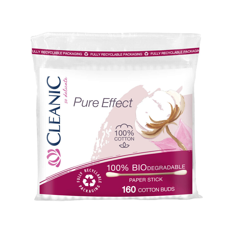 Cleanic Pure Effect, bețișoare de bumbac biodegradabile, 100% bumbac, în folie, 160 bucăți