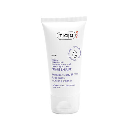 Ziaja Med Siemię Lniane, crema facial calmante SPF 20, protección media, pieles descamadas y propensas a alergias, 50 ml.