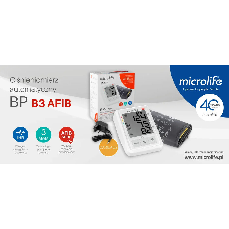 Microlife, Automatisches Blutdruckmessgerät, BP B3 AFIB mit Netzteil im Set, 1 Stück