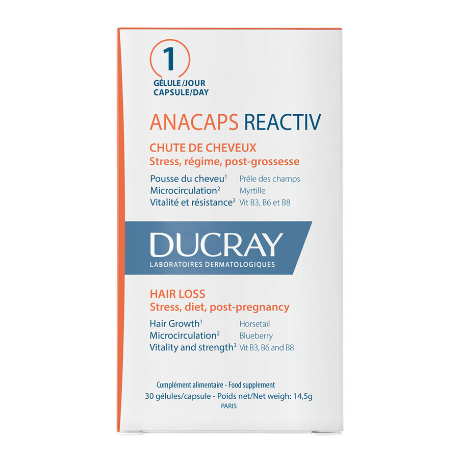 Capsule Ducray Anacaps Reactiv, confezione da 30 unità.