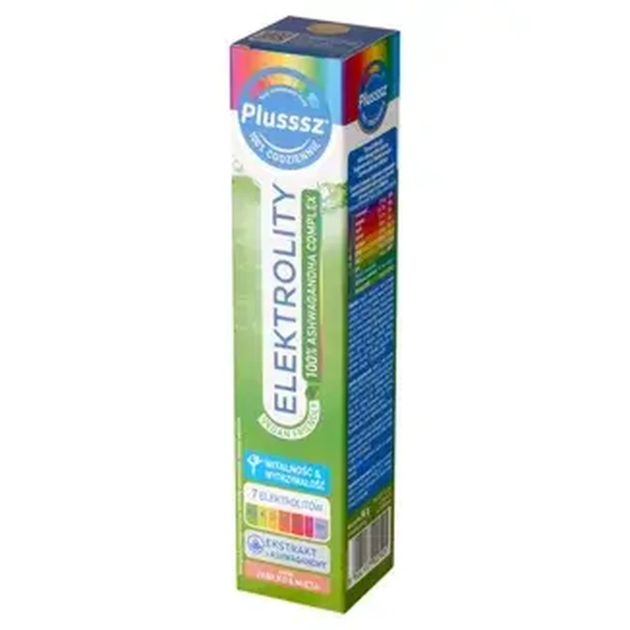 Plusssz Elektrolity 100% Ashwagandha Complex, cu aromă de mere și mentă, 24 comprimate efervescente