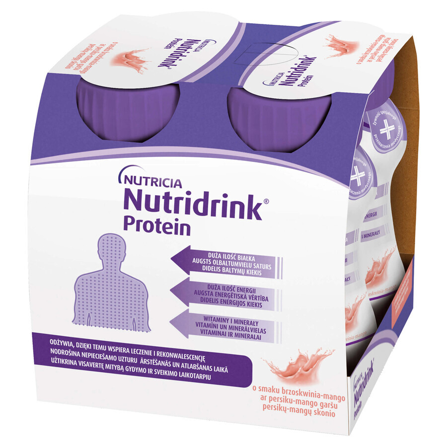 Nutridrink Protein, Nahrungsergänzungsmittel, Pfirsich-Mango-Geschmack, 4 x 125 ml VERUNREINIGTE VERPACKUNG