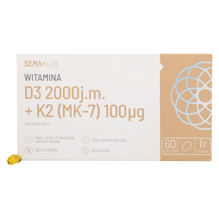 SEMA Lab Vitamin D3 2000 IU + K2 (MK-7) 100 µg, 60 Weichkapseln SHORT DATE