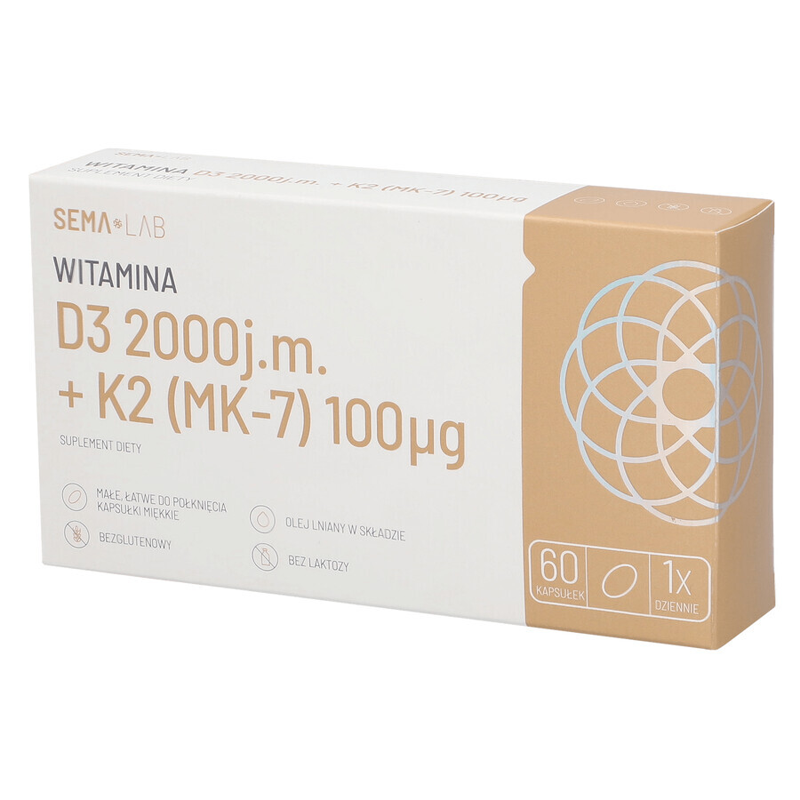 SEMA Lab Vitamin D3 2000 IU + K2 (MK-7) 100 µg, 60 Weichkapseln SHORT DATE