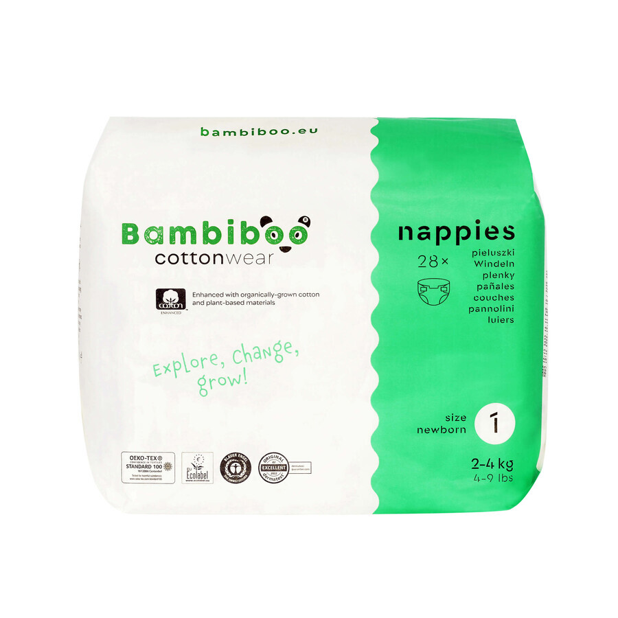 Bambiboo Cottonwear, Wegwerfwindeln aus Bio-Baumwolle, Newborn, Größe 1, 2-4 kg, 28 Stück