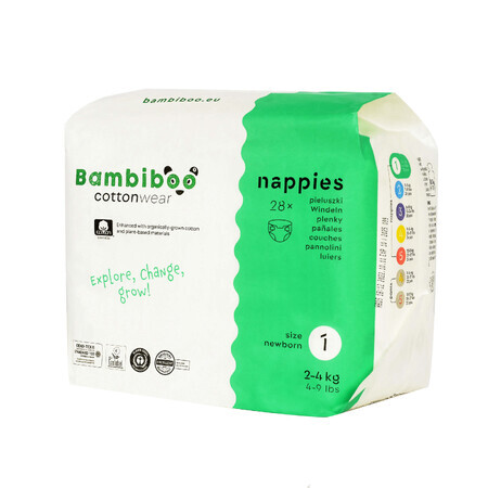 Bambiboo Cottonwear, Wegwerfwindeln aus Bio-Baumwolle, Newborn, Größe 1, 2-4 kg, 28 Stück