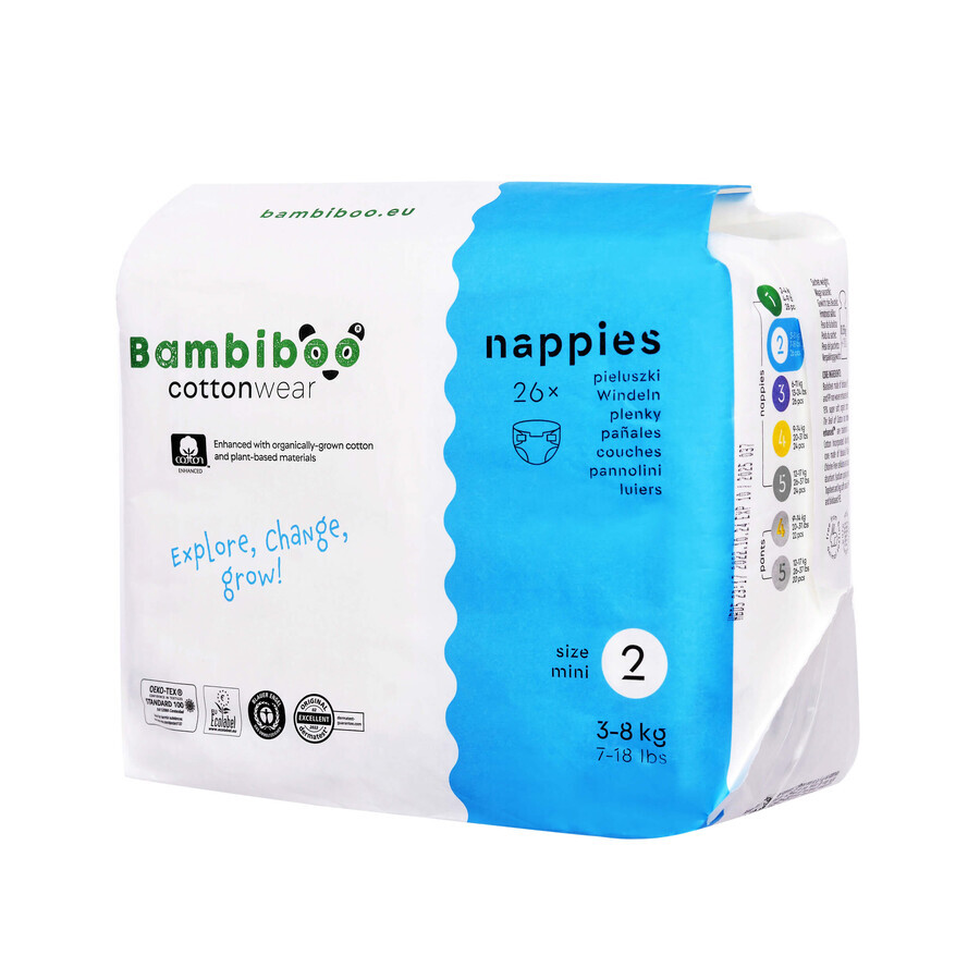 Bambiboo Cottonwear, Wegwerfwindeln aus Bio-Baumwolle, Mini, Größe 2, 3-8 kg, 26 Stück