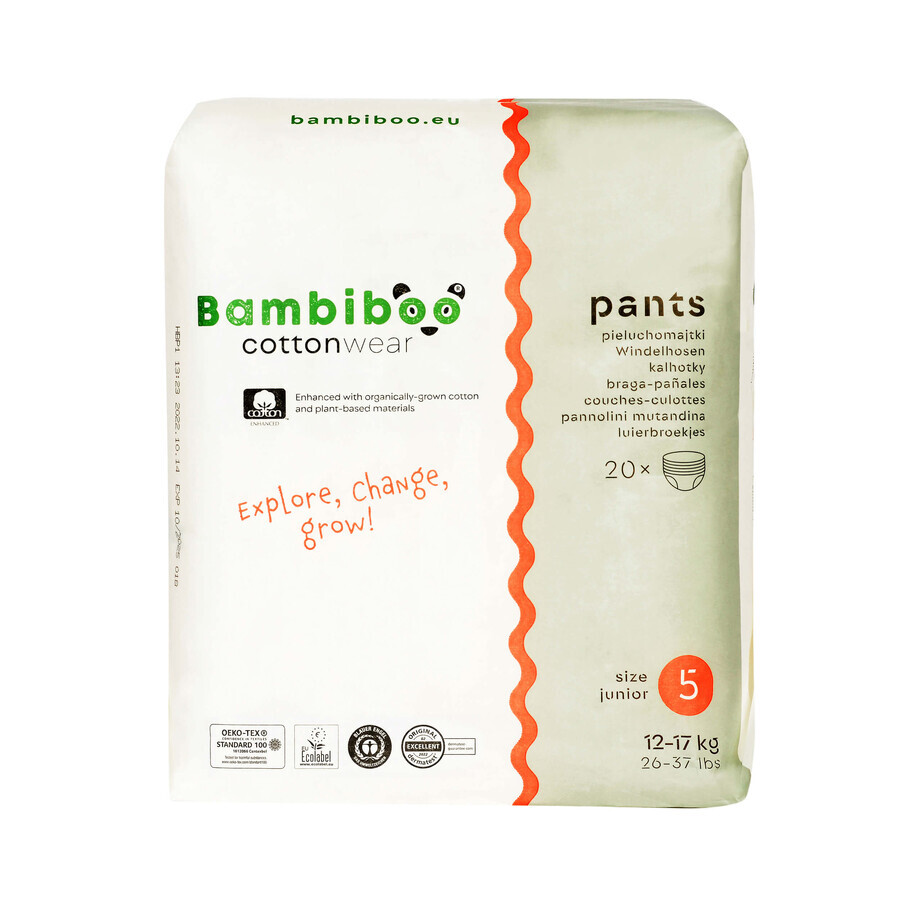 Bambiboo Cottonwear, biologisch katoenen wegwerpluiers, Junior, maat 5, 12-17 kg, 20 stuks