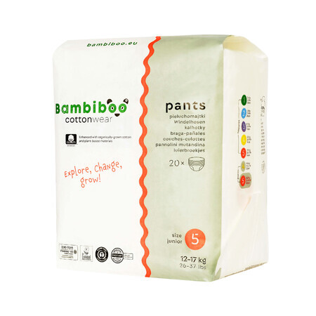 Bambiboo Cottonwear, biologisch katoenen wegwerpluiers, Junior, maat 5, 12-17 kg, 20 stuks