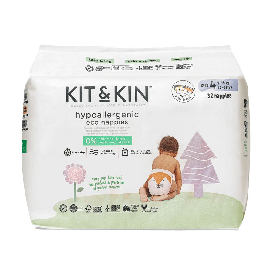 Kit&amp;Kin, biologisch abbaubare Einwegwindeln, Größe 4 Maxi Plus, 9-14 kg, 32 Stück