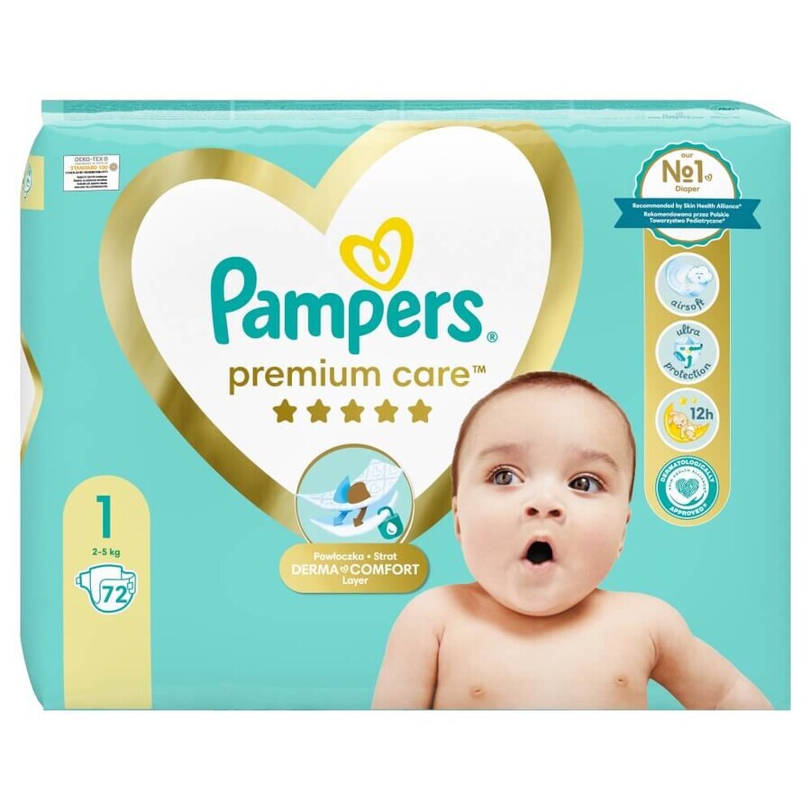 Pampers Premium Care, pañales talla 1, 2-5 kg, 72 piezas