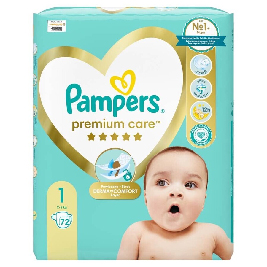 Pampers Premium Care, pañales talla 1, 2-5 kg, 72 piezas