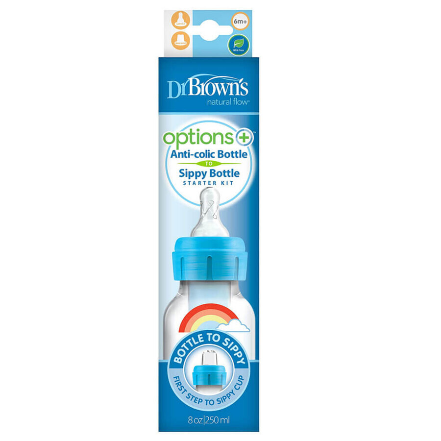 Dr. Brown's, fles-op-speenset, standaardfles, 250 ml + speen, vanaf 6 maanden + mondstuk zonder capsule, blauw