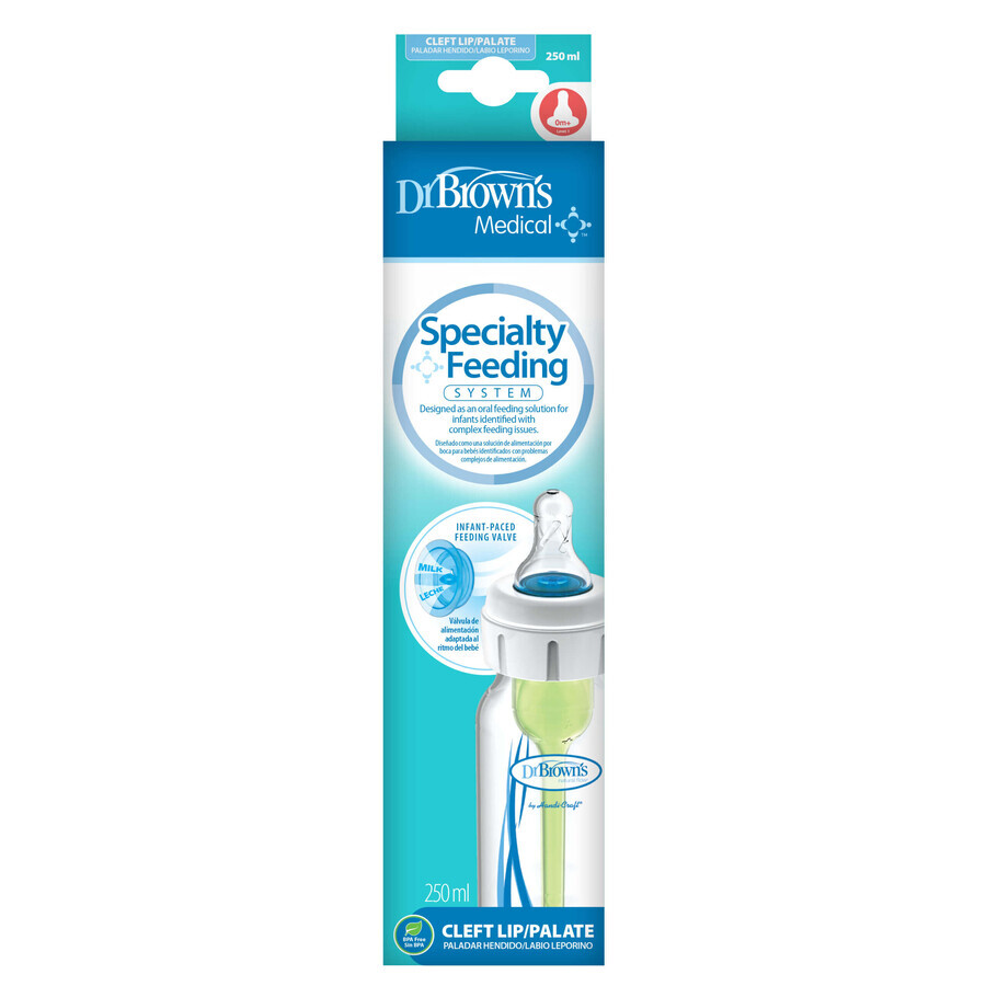 Dr. Brown's, standaardfles met voedingssysteem voor baby's met gespleten lip of gehemelte, 250 ml, vanaf de geboorte, 1 stuk