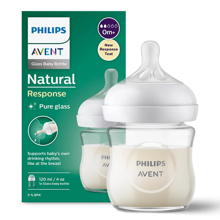 Avent Natural Response, Glasflasche mit ansprechendem Sauger, Flow 2, SCY930/01, ab Geburt, 120ml