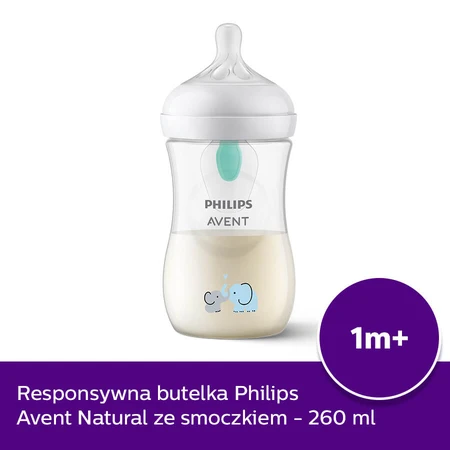 Avent Natural Response, biberon cu tetină reactivă, cu supapă AirFree, elefant, debit 3, SCY673/81, după 1 lună, 260 ml