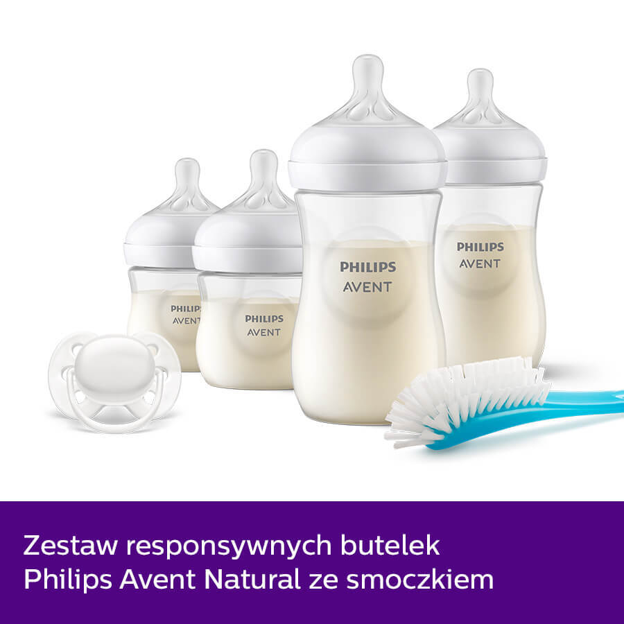 Avent Natural Response, set de 4 biberoane sensibile + perie de curățare + suzetă ultra moale, SCD838/11