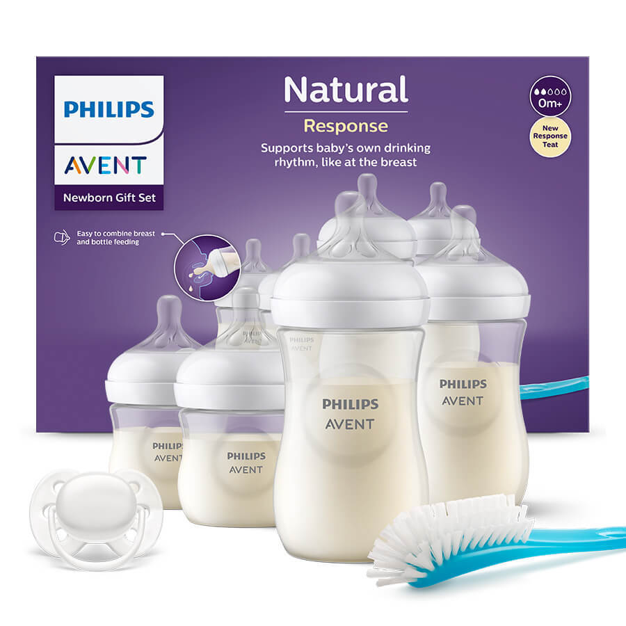 Avent Natural Response, set de 4 biberoane sensibile + perie de curățare + suzetă ultra moale, SCD838/11