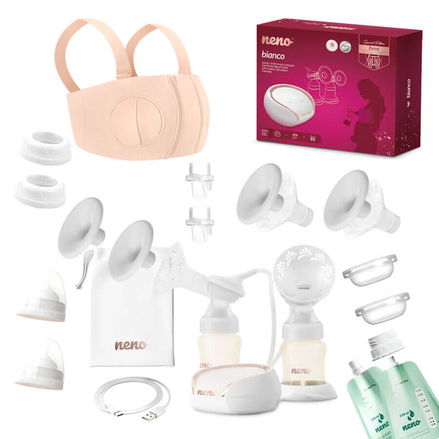 Set Neno Bianco, pompă de sân electrică, dublă, trifazată, fără fir + corset de alăptare