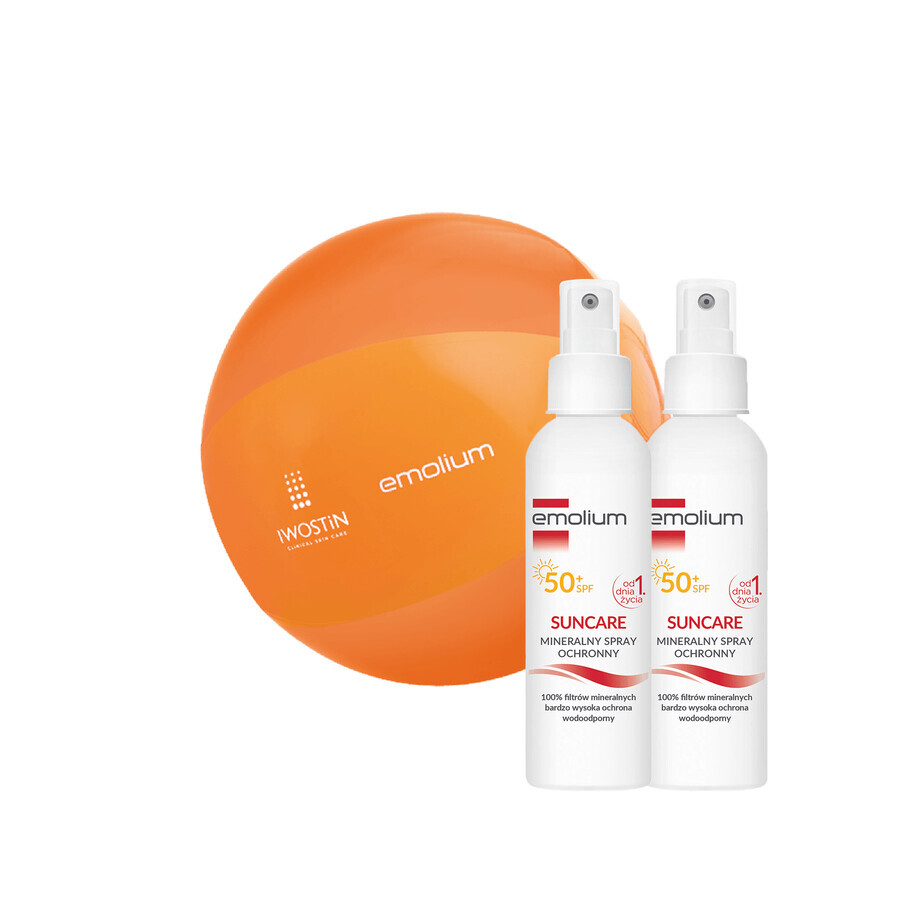 Emolium Suncare set, minerale beschermingsspray voor kinderen vanaf dag 1 en volwassenen, SPF 50+, 2 x 100 ml + gratis strandbal