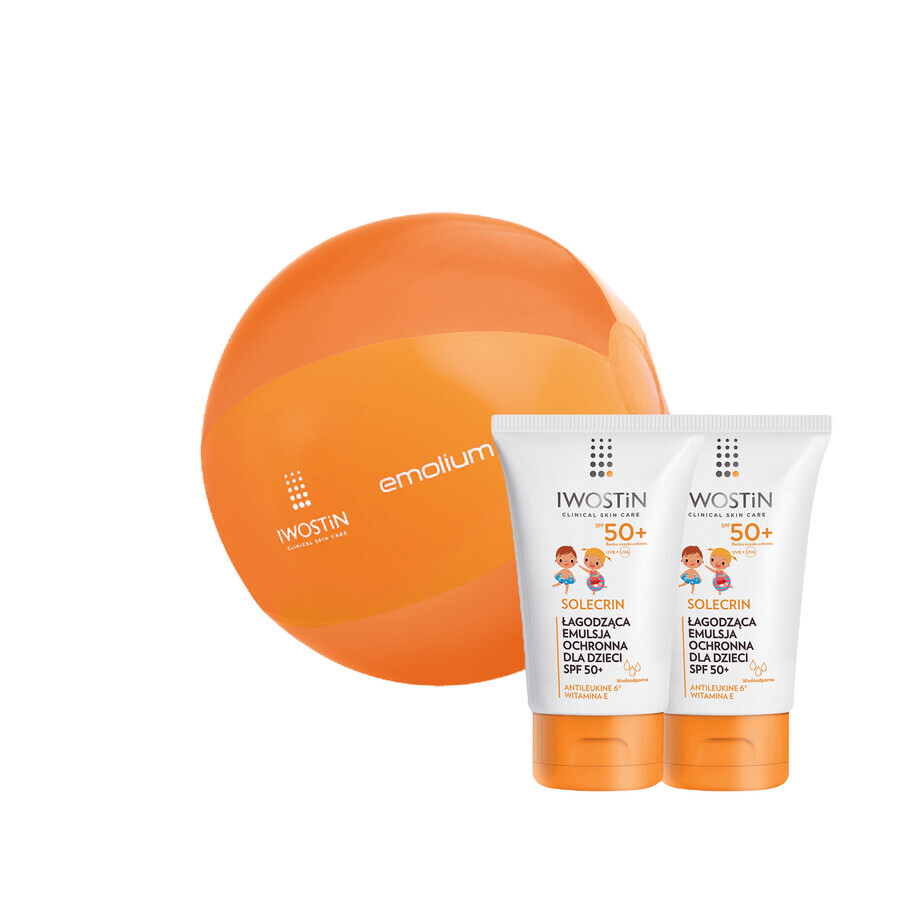 Set Iwostin Solecrin, emulsión protectora ligera para niños mayores de 6 meses, SPF 50+, 2 x 100 ml + pelota de playa de regalo