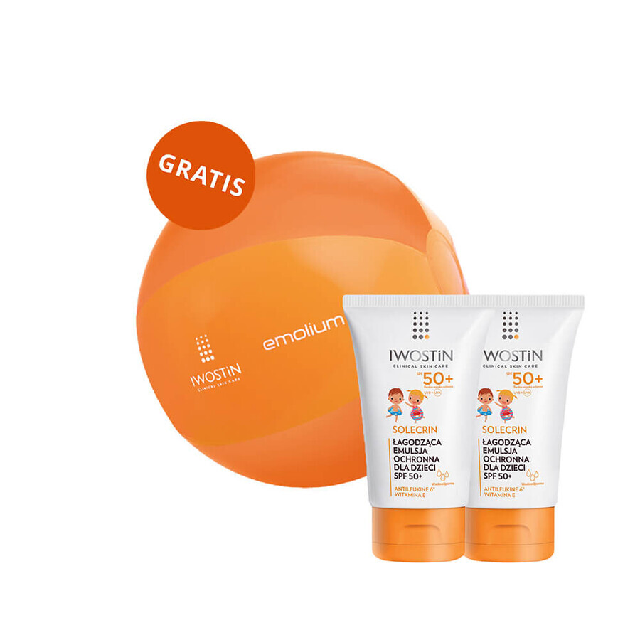 Set Iwostin Solecrin, emulsión protectora ligera para niños mayores de 6 meses, SPF 50+, 2 x 100 ml + pelota de playa de regalo