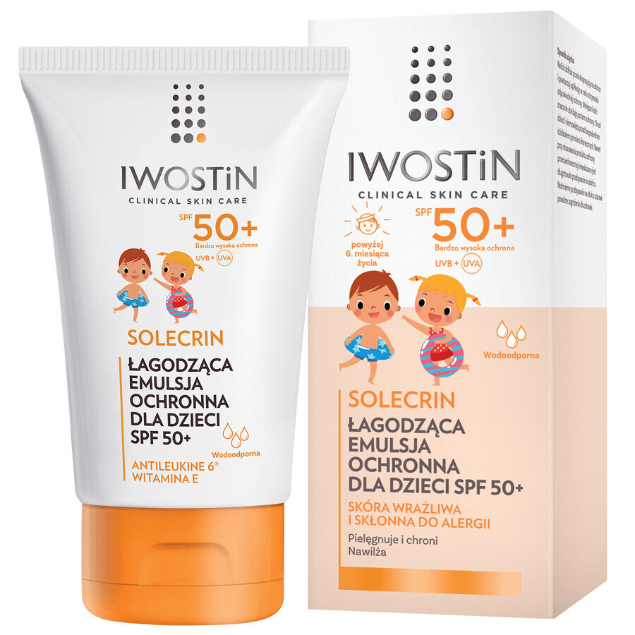 Set Iwostin Solecrin, emulsión protectora ligera para niños mayores de 6 meses, SPF 50+, 2 x 100 ml + pelota de playa de regalo