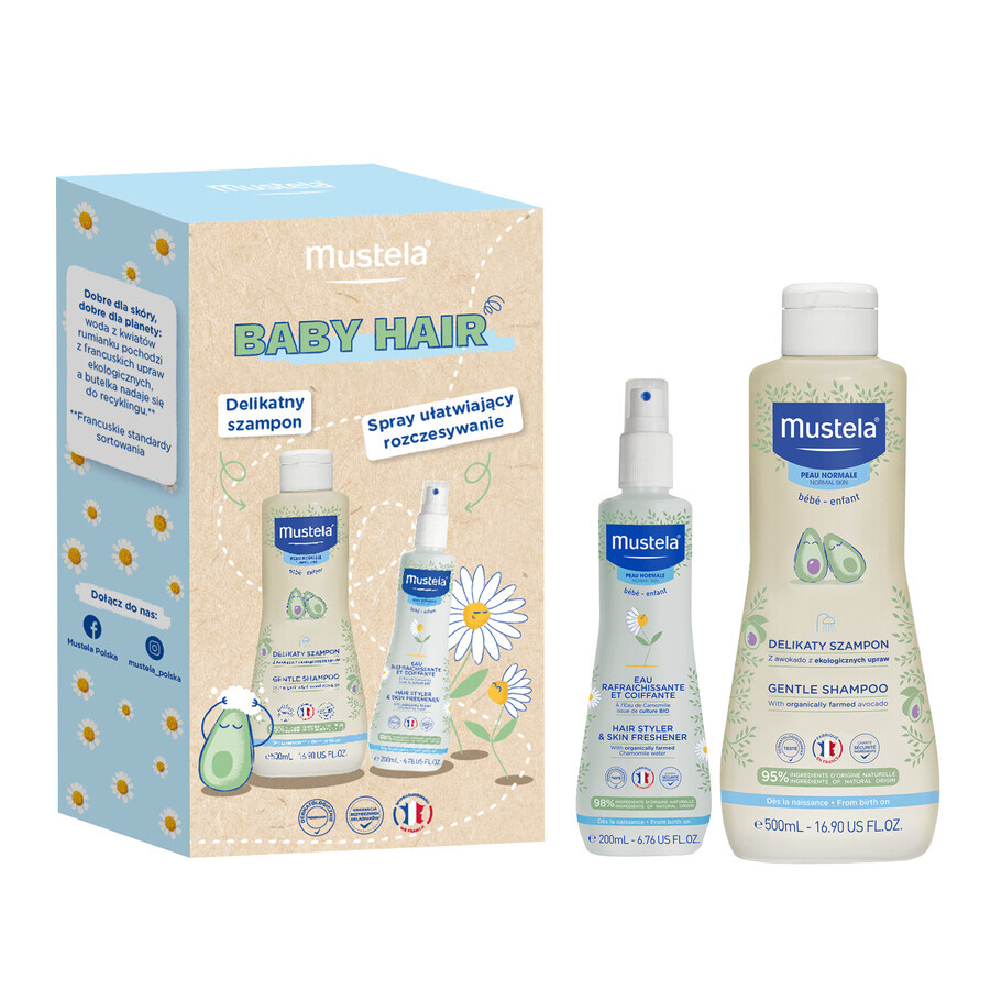 Mustela Baby Hair set, shampoo delicato, 500 ml + spray districante rinfrescante, 200 ml