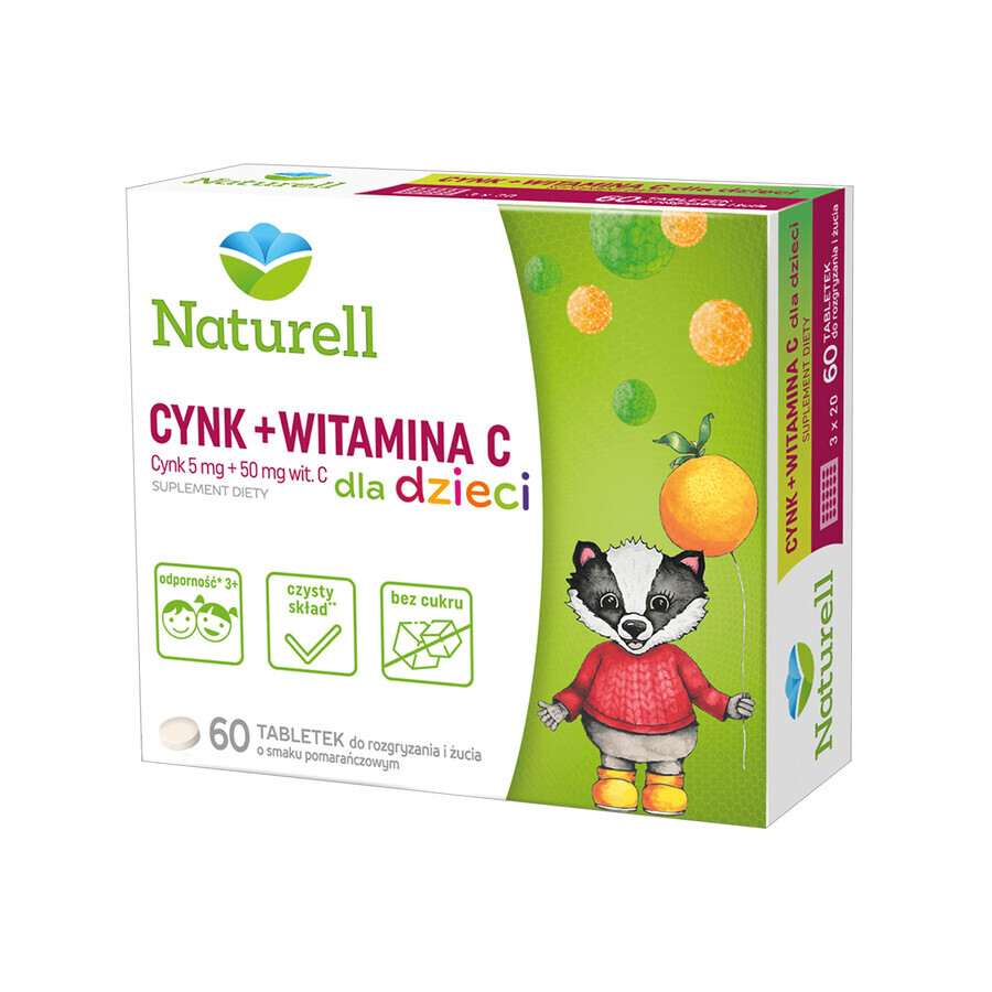 Naturell Zinc + Vitamine C pour enfants, goût orange, 60 comprimés à croquer