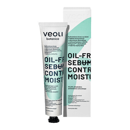 Veoli Botanica Oil-Free Sebum Control Moisturizer, hydrogel day cream with active green tea extract with EGCG, Nelupure and Centella Asiatica extract, 50 ml