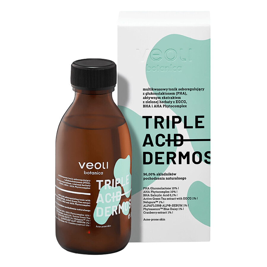 Veoli Botanica Triple Acid Dermosolution, seboregulierendes Multi-Säure-Tonikum mit Gluconolacton (PHA), aktivem Grüntee-Extrakt mit EGCG, BHA und AHA Phytocomplex, 150 ml