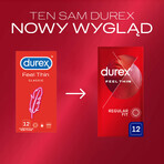 Durex Feel Thin Classic, preservativi con più lubrificante, sottili, 12 pezzi