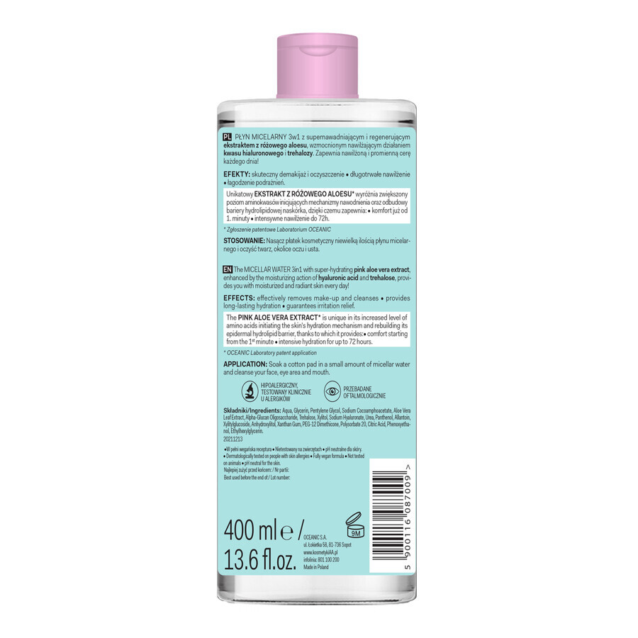 AA Aloe Pink, micellar lotion 3 in 1, all skin types, 400 ml