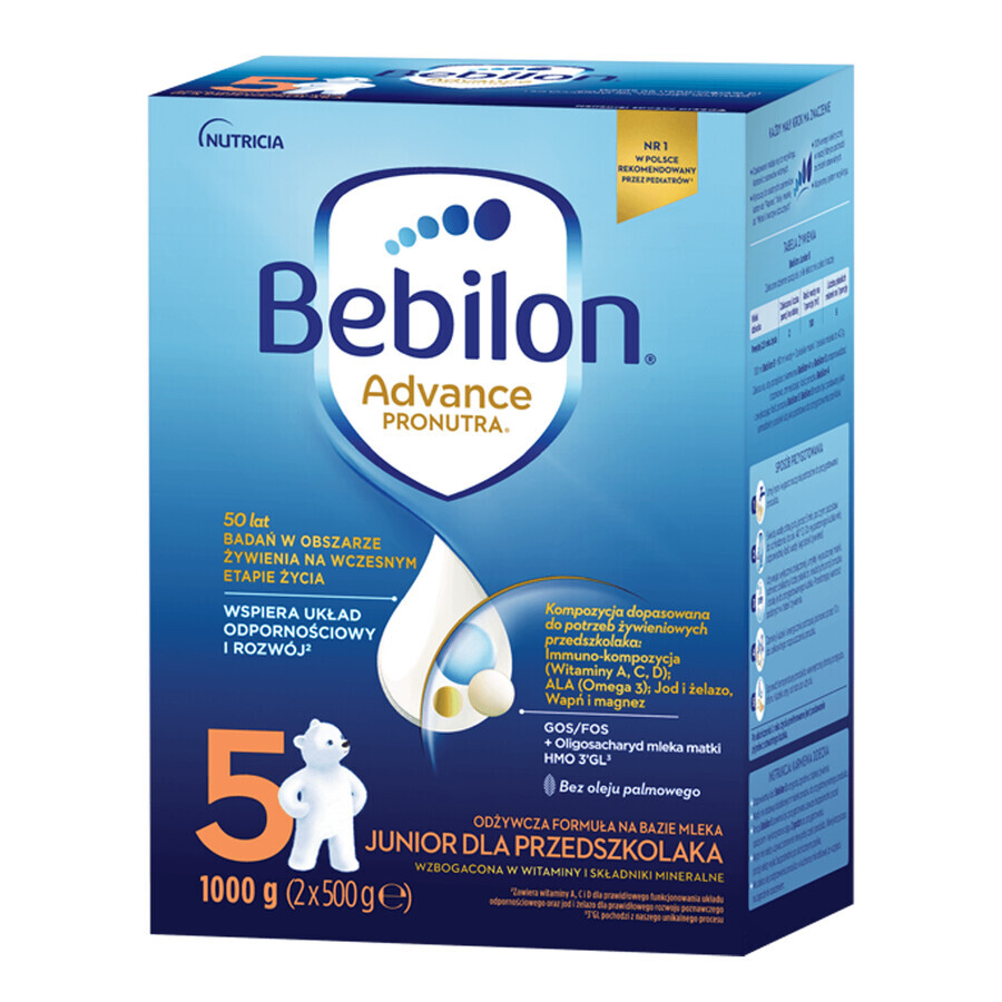 Set Bebilon Advance Pronutra 5 Junior, formula nutriente a base di latte, per bambini in età prescolare, 3 x 1000 g