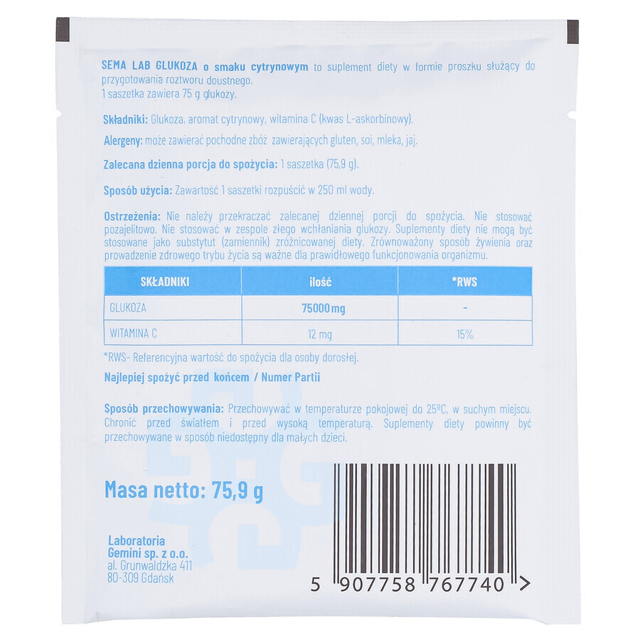 SEMA Lab Glucose, Pulver zum Einnehmen, Zitronengeschmack, 75,9 g