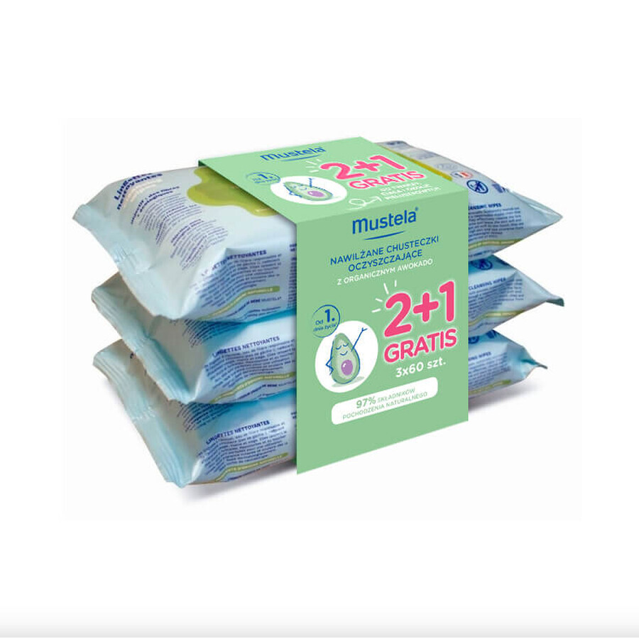 Mustela Bebe Enfant Set Organic Avocado Wet Wipes From Birth Normal Skin 2 x 60 Pieces + Free 60 Pieces