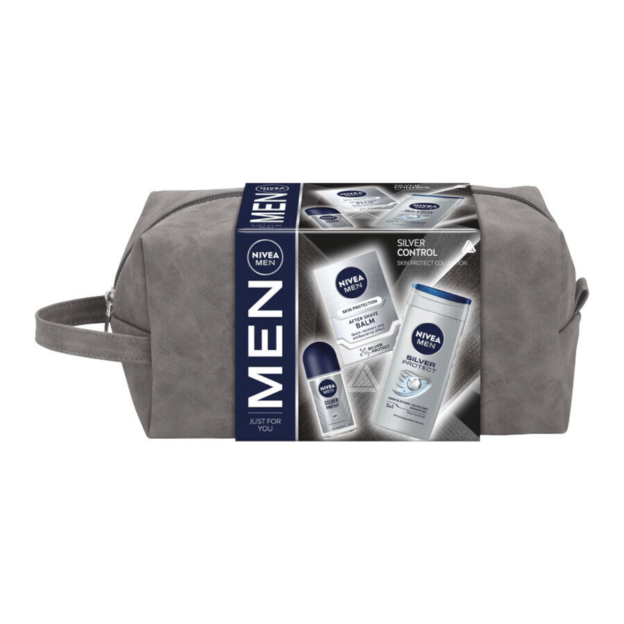 Nivea Men Silver Control Kit, Aftershave Balsam, antibakteriell, 100 ml + Antitranspirant Roll-on, 48h, 50 ml + 3-in-1 Duschgel für Gesicht, Körper und Haare, 250 ml